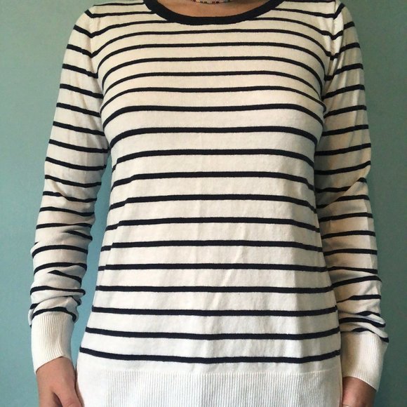 White and Navy Blue Striped Sweater - Picture 1 of 3
